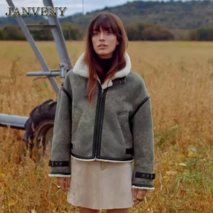 Janveny 2025 Mới Mùa Thu Mùa Đông Len Pha Trộn Giả Lông Thú Áo Khoác Phụ Nữ Ve Áo Dưới Beltloops Cổ Điển Lỏng Hai Mặt Lông Cừu Áo Khoác - Product Image 4