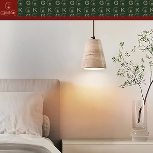 Lampe de chevet pour chambre à coucher, <span class=keywords><strong>luminaire</strong></span> en travertin beige naturel, forme de cloche, cordon en cuir marron, OEM ODM - Product Image 5