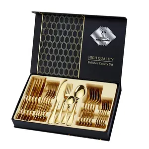 24 piezas de oro boda cubiertos embalaje de caja de regalo cuchillo tenedor cuchara mate juego de cubiertos de acero inoxidable