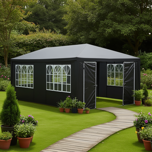 Tonnelle de jardin noire 10x20 pieds en tissu PE avec structure en fer, abri solaire moderne pour extérieur avec 2 portes zippées, installation légère - Product Image 2