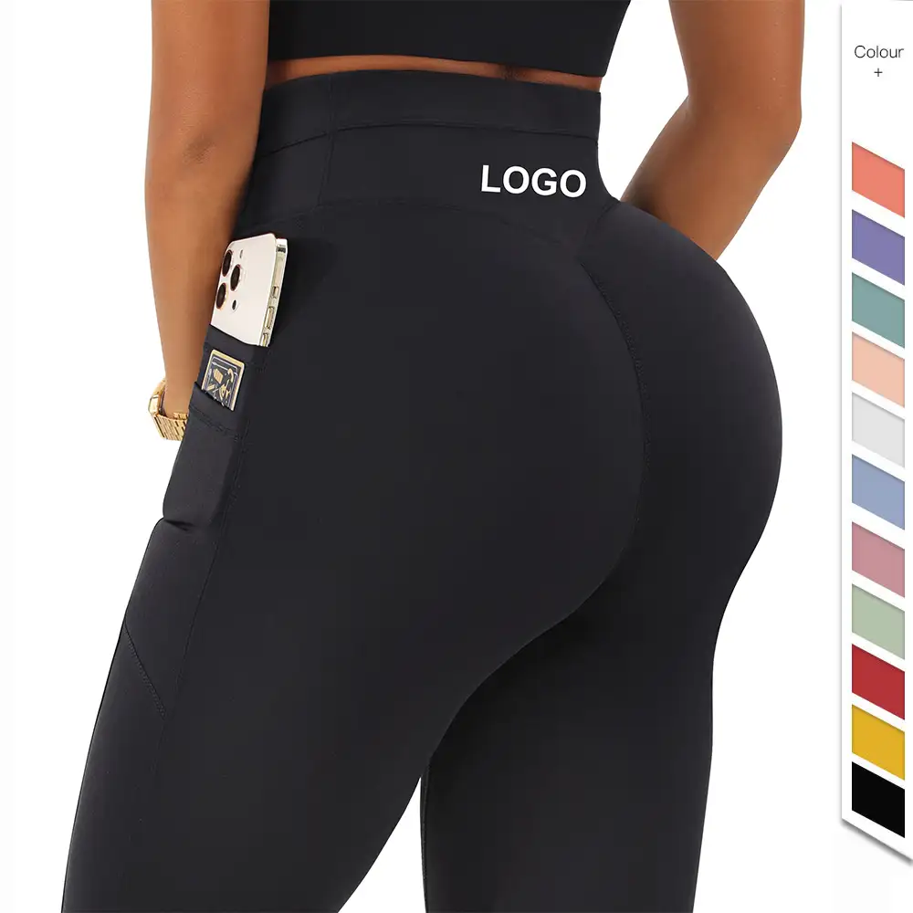 Pantalon de Yoga avec poches pour téléphone pour femmes, collants d'entraînement, de course, de sport, taille en V, noir,, Design personnalisé