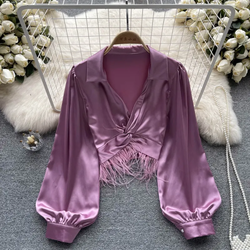 Spring and Autumn V-neck Satin Shirt Women's Tassel Cropped Long Sleeves Blouses Female Solid Color Elegant Top
