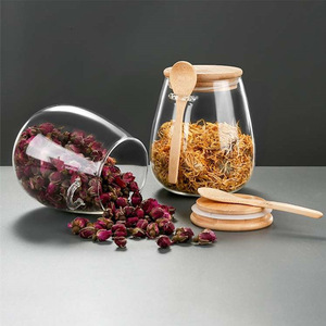 Frascos de té de vidrio transparente, latas con orejas y cucharas, tarro de almacenamiento de té y café perfumado con tapa de bambú <span class=keywords><strong>para</strong></span> comida de fiesta de <span class=keywords><strong>cocina</strong></span> - Product Image 1