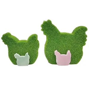 2024新款花园装饰小鸡装饰品复活节绿色植绒人造草陶瓷毛绒苔藓兔子动物