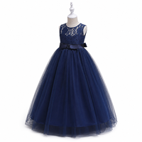 Robe de demoiselle d'honneur en tulle et dentelle bleu marine pour filles, robe de soirée sans manches en satin avec nœud pour enfants, OEM ODM personnalisé, vente en gros