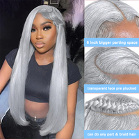 Perruque frontale en dentelle HD 13x6 gris argenté, cheveux humains super double drawn, lisses comme des baguettes, gris cendré, sans colle, pré-épilée