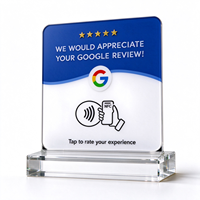 Plaque NFC Google Tap Review en acrylique transparente 12x12cm, support de table, puce NTAG213, sans adhésif au dos, pour carte de visite, usage hôtelier, 5 étoiles