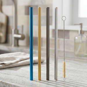 Reusable <b>Metal</b> Drinking <b>Straws</b> Set of 4 with Cleaning Brush Blue Gold Black Silver Minimalist Bar Accessories - Product Image 6