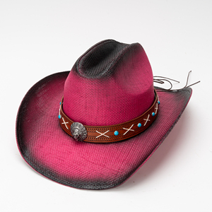 Chapeau de cowboy rayé de style western rétro américain, chapeau de soleil en paille à large bord, unisexe, décontracté, plage, extérieur - Product Image 1