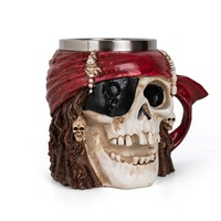 Mug en résine 3D Crâne de pirate 300 ml personnalisé en gros avec mug à bière créatif en acier inoxydable pour cadeaux fantaisie et décoration d'Halloween