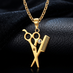 Collar de Acero Inoxidable con Colgante de Tijeras y Peine, Engaste de Bisel, Diseño Geométrico para Hombre, Regalo para Barbero, Joyería de Moda - Product Image 1