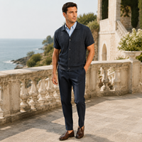 Maßgeschneiderter Kurzarm-Cardigan für Herren mit Polokragen, Zopfmuster, Atmungsaktiv für Frühling und Sommer
