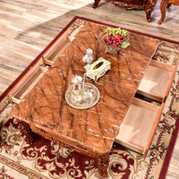 Table basse de style européen en chêne avec rangement, plateau en marbre naturel, taille 12 mètres, mobilier de salon pour grandes maisons