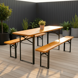 Ensemble de table pliante en bois massif rustique pour l'extérieur, portable, 3 pièces, <span class=keywords><strong>banc</strong></span> de camping et de pique-nique pliable, pieds en métal - Product Image 1