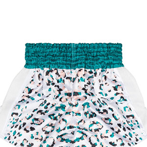 Shorts de Muay Thai unisexe en satin respirant à imprimé léopard blanc et turquoise pour l'entraînement de kickboxing - Product Image 6