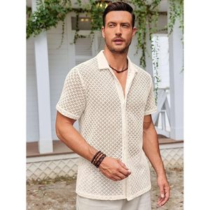 2025 camisa de punto con botones florales para hombre 100% algodón manga corta Crochet Tops Casual diseño hueco para vacaciones de playa de verano" - Product Image 1