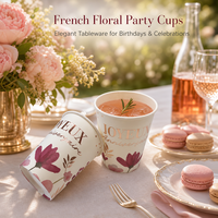 Gobelet en papier rose à motif floral et dorure à chaud pour anniversaire, jetable, pour la table de fête, vente en gros, fournitures en vrac