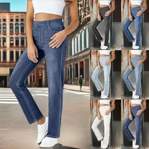 En gros Nouvelle Collection Femme Printemps-Été Jean Vintage Coupe Droite Taille Haute Ample Couleur Unie avec Cordon de Serrage et Poches - Product Image 2