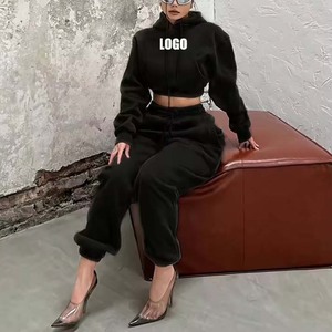 Set da donna con Logo personalizzato <span class=keywords><strong>rosa</strong></span> felpa e <span class=keywords><strong>pantaloni</strong></span> da jogging 2 pz tuta pesante a gamba larga e Set felpa con cappuccio da donna - Product Image 1