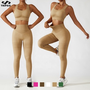 Contoh Gratis Pakaian Aktif Yoga Kebugaran Wanita, Set 2 Potong Pakaian Kebugaran Tanpa Kelim Elastis Tinggi - Product Image 6
