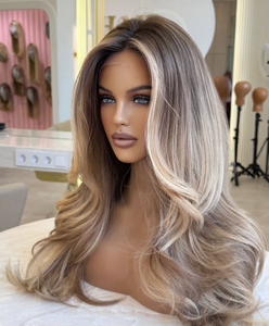 Parrucca in Capelli Veri All'ingrosso, Full Lace, Marrone Cioccolato con Mechès Money Piece, Onde Morbide, Nodi Sbiancati, Parrucca Americana per Matrimonio - Product Image 4