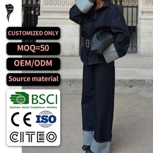 Ensemble en jean personnalisé OEM pour femme : Veste en jean style old school et jean cargo baggy 100 % coton, denim brut vintage - Product Image 1