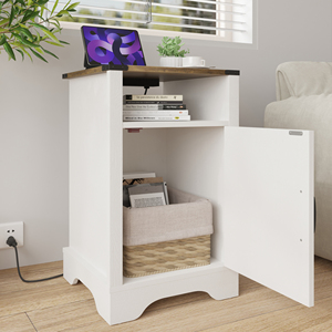 Farmhouse Nightstand Side <b>Table</b> White Wooden Rustic End <b>Table</b> <b>Tall</b> Bedside With Electrical Outlets Charging Station - Product Image 5