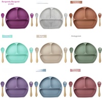 Plateau d'alimentation pour bébé lavable, assiette ronde en silicone pour bébé, cuillères et fourchettes en silicone de qualité alimentaire, design minimaliste