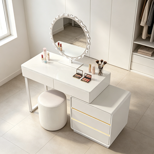 Moderno Set de Tocador Blanco con Espejo Redondo e Iluminación LED, Mesa de Maquillaje para Dormitorio con Cajones de Almacenamiento y Taburete - Product Image 3