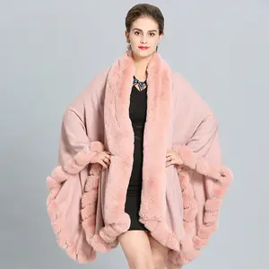 Cape longue chaude à col en fourrure pour femmes, grande taille, châle, Poncho, manteau, nouvelle collection hiver 2020