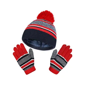 儿童冬季针织帽子手套套装，4-10岁男孩和女孩保暖羊毛衬里帽子