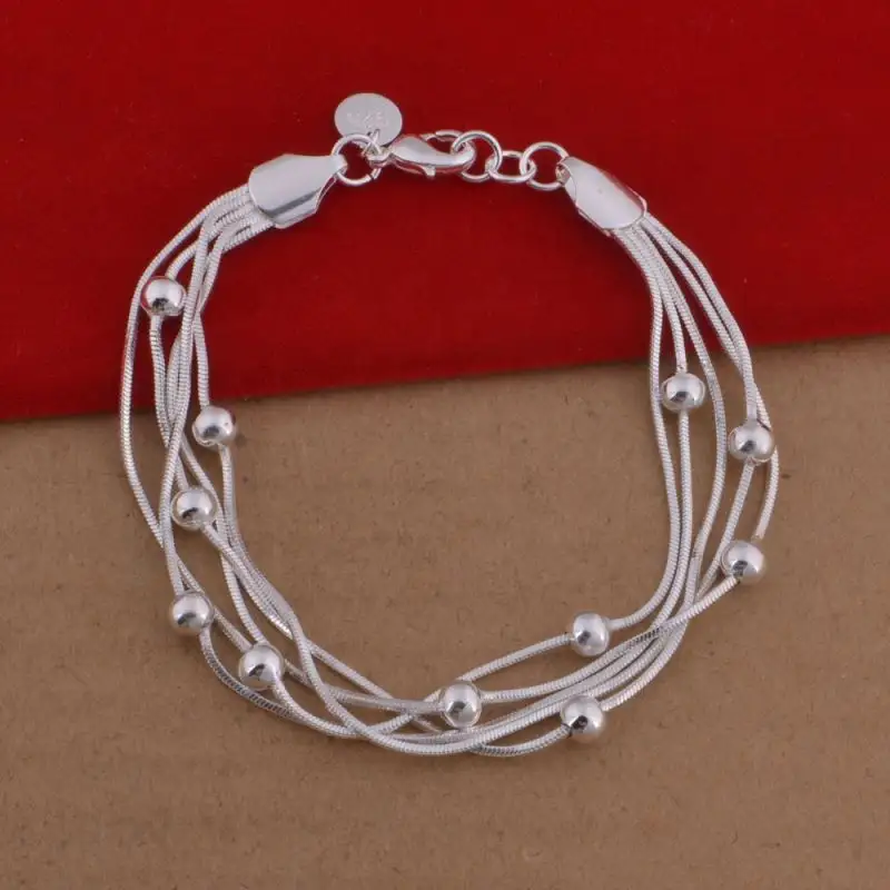 Anti Allergic Jewelry 925 Silver Bracelet Round Copper Beaded Multi Link Chain Bracelets for Women