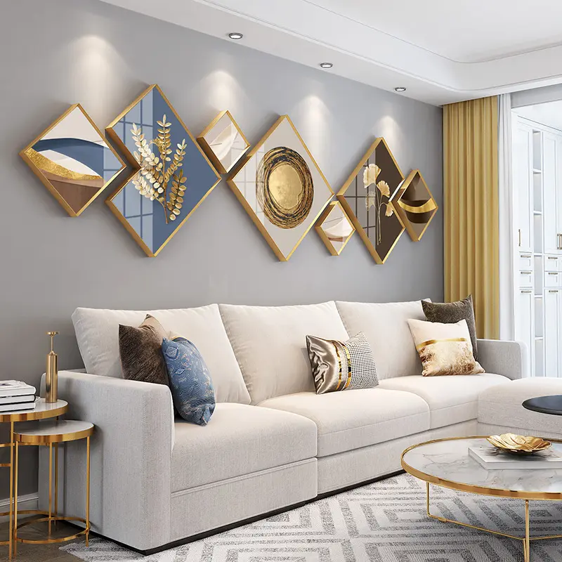 Living room decoration Nordic luxury golden leaf wood crystal porcelain glass aluminum canvas crystal porcelain painting framed