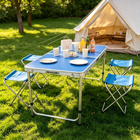Table de camping pliante portable d'extérieur avec pieds escamotables, blanche, avec tabourets – Offre spéciale