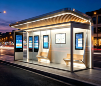 Abri de bus moderne et personnalisé avec écran d'affichage de la prochaine arrêtée, annonceur vocal, chaise d'attente et station de recharge
