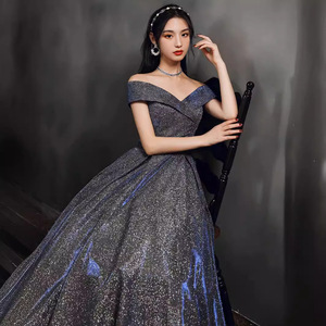 Evening Gown Women Off The Shoulder <b>Glitter</b> Empire Waist <b>Blue</b> Polyester Party Banquet Dress 2026 New Style - Product Image 1