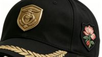 Casquette de baseball unisexe réglable à 6 panneaux, 100 % polyester sergé, boucle argentée cuivrée, visière incurvée, visière plate, emblème floral doré