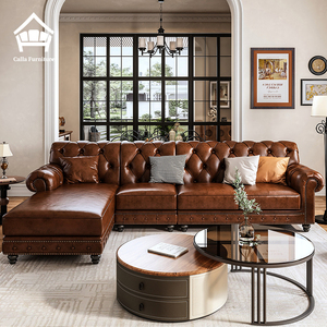 Canapé Chesterfield en <span class=keywords><strong>cuir</strong></span> véritable capitonné rétro américain de luxe 2/3/4 places Ensemble de canapés sectionnels <span class=keywords><strong>marron</strong></span> Meubles de salon - Product Image 2