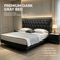 Cadre de lit rembourré noir moderne avec tête de lit capitonnée, lit plateforme pour chambre principale, hôtel, appartement, maison