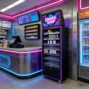 Vitrine de présentation de cigarettes et de tabac sur mesure pour magasin, avec éclairage LED, verrouillage, poussoirs et roulettes - Product Image 1