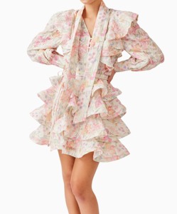 <span class=keywords><strong>2026</strong></span> Yeni Sezon Kadın Pastel Çiçek Baskılı Fırfırlı Mini Elbise Uzun Kollu Bağlamalı Yaka Katmanlı Şifon Parti Elbisesi - Product Image 1