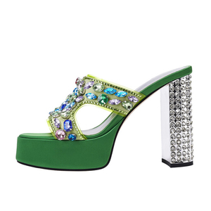 Sandales à talons épais pour femmes, à bout ouvert, avec plateforme, ornées de strass argentés et de diamants colorés, style mules de bureau - Product Image 6