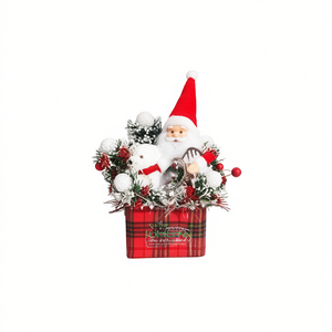 Christmas Decoration Santa Figurine Plaid Basket Holiday Centerpiece Home Decor - Product Image 1