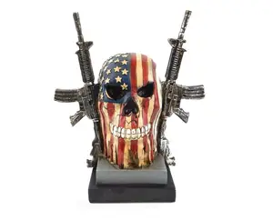 Polyresin/Resina Crânio Rústico Bandeira Americana Double Rifles Armas Table Top Decoração Patriótica