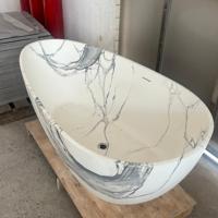 Baignoire de Luxe Ovale Autoportante en Marbre Naturel, Baignoire Balnéo Haut de Gamme en Pierre Composée Artificielle à Surface Solide