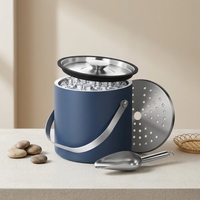 Seau à glace en acier inoxydable 3L avec anneau d'étanchéité en silicone, isolation sous vide à double paroi, couche filtrante, pince à glace et cuillère (Bleu marine)