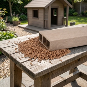 Composé composite en <span class=keywords><strong>PVC</strong></span> résistant aux intempéries à base de balles de riz, matière première en granulés de fibres naturelles anti-UV pour revêtement mural extérieur et clôtures - Product Image 1