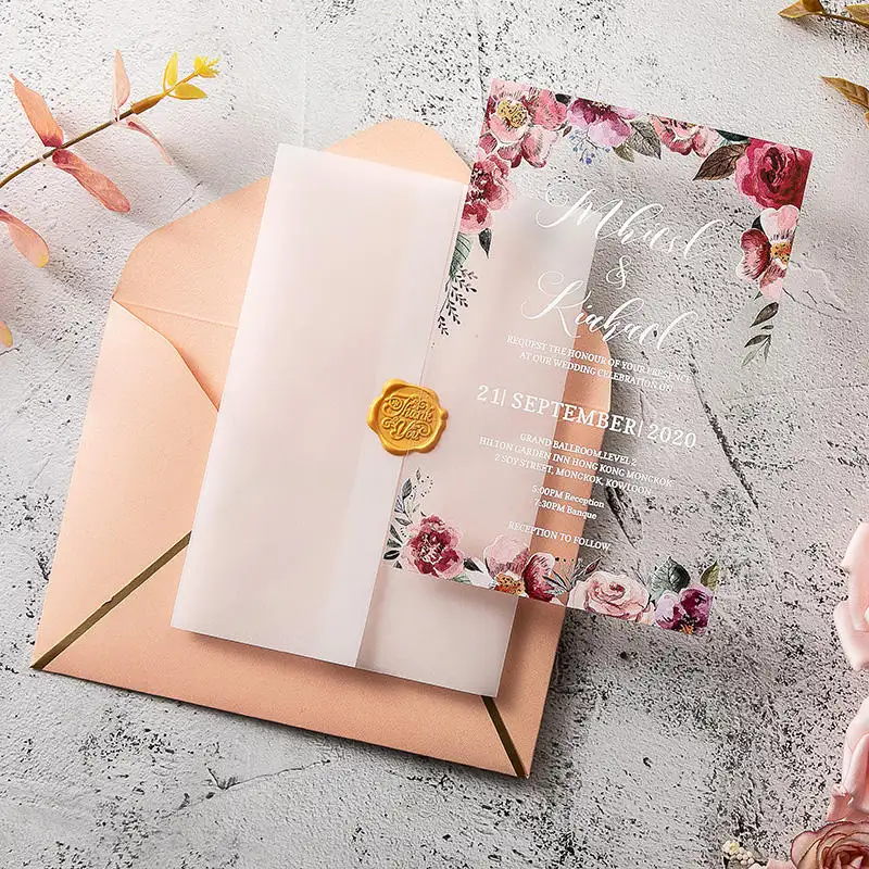 Custom Luxury Printed Invitation Card With Envelope Self Sealing Wax Seal Handmade Greeting Cards Acrylic Wedding Invitation