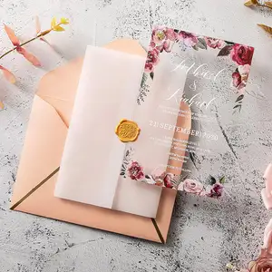 Cartão de convite estampado luxuoso personalizado, com envelope, selo de cera automático, artesanal, cartões de visita, convite de casamento, acrílico