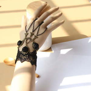 Makeup Ball Schwarze Spitze Sexy <span class=keywords><strong>Vintage</strong></span> Spitze Kristall Armband mit Ring integrierte Kette - Product Image 6